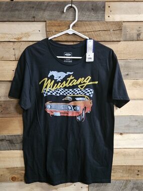 Ford Black Graphic Mustang Tee with Yellow Script and Orange Car